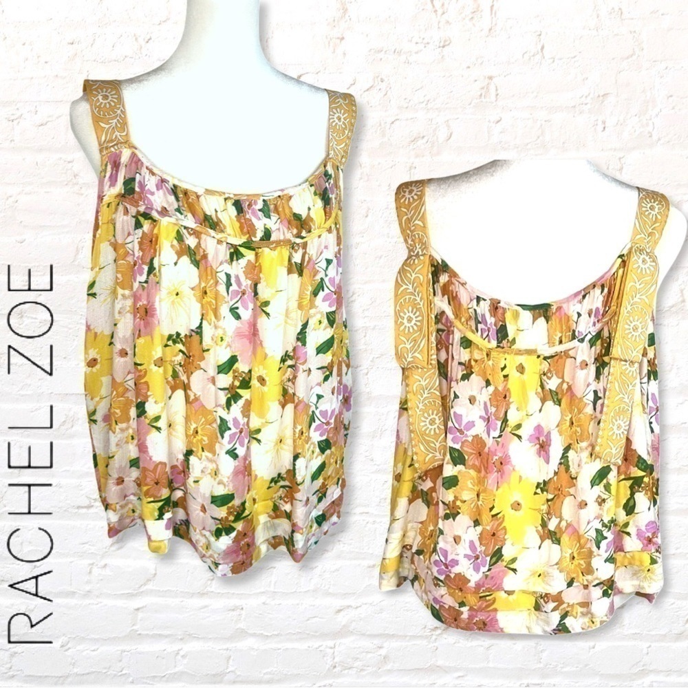 Rachel Zoe Floral Sleeveless Crochet Straps Top Size Small Yellow Floral Top
